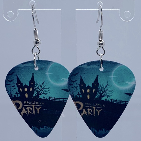 Guitar Pick Custom Earrings Halloween Haunted House Party - Picture 1 of 5